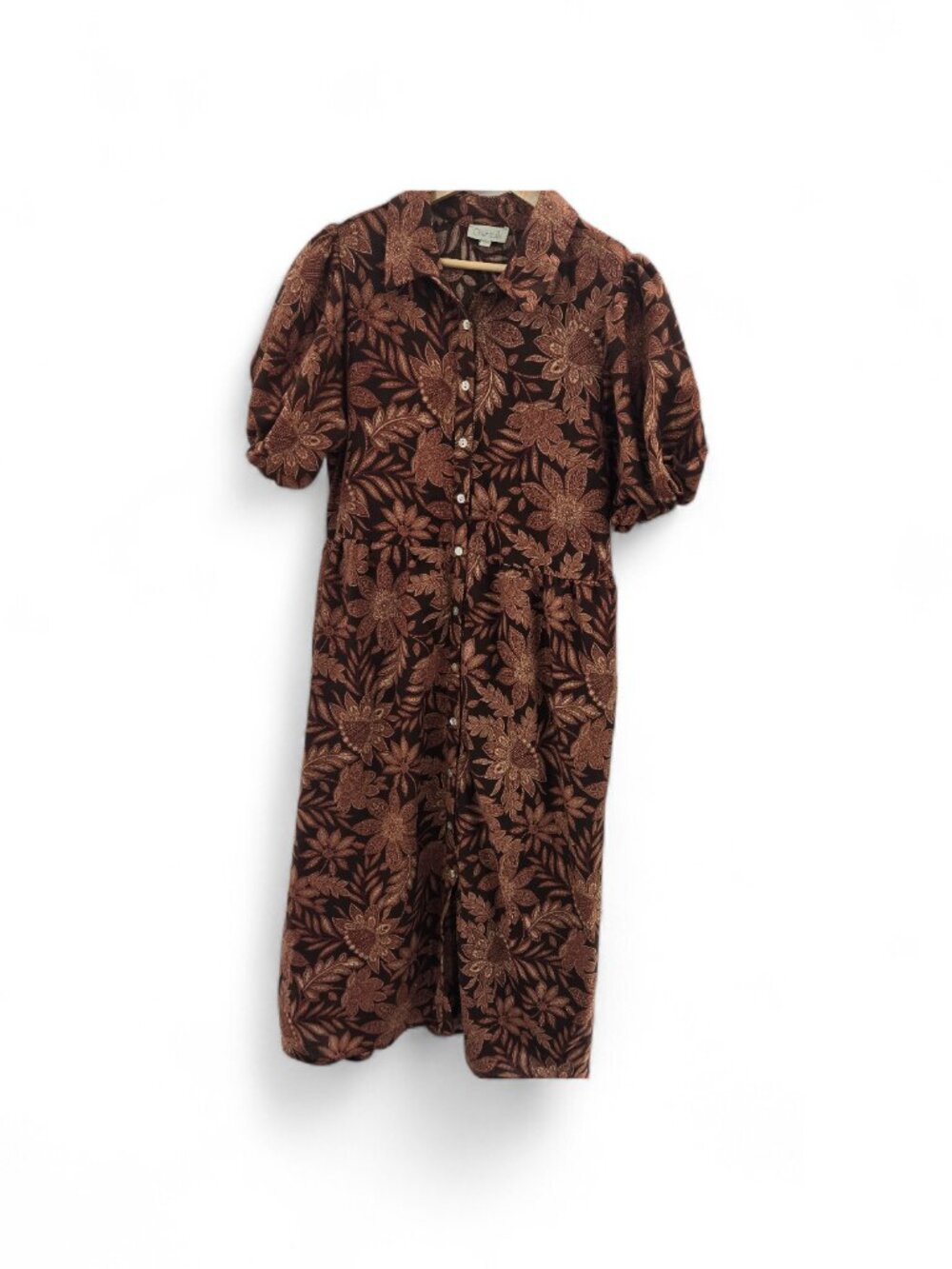 Chenault Brown Floral Paisley Puff Sleeve Button Down Midi Dress Size Medium